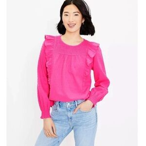 LOFT HOT PINK CLIP SMOCKED RUFFLED LONG SLEEVE TOP BLOUSE SIZE SMALL